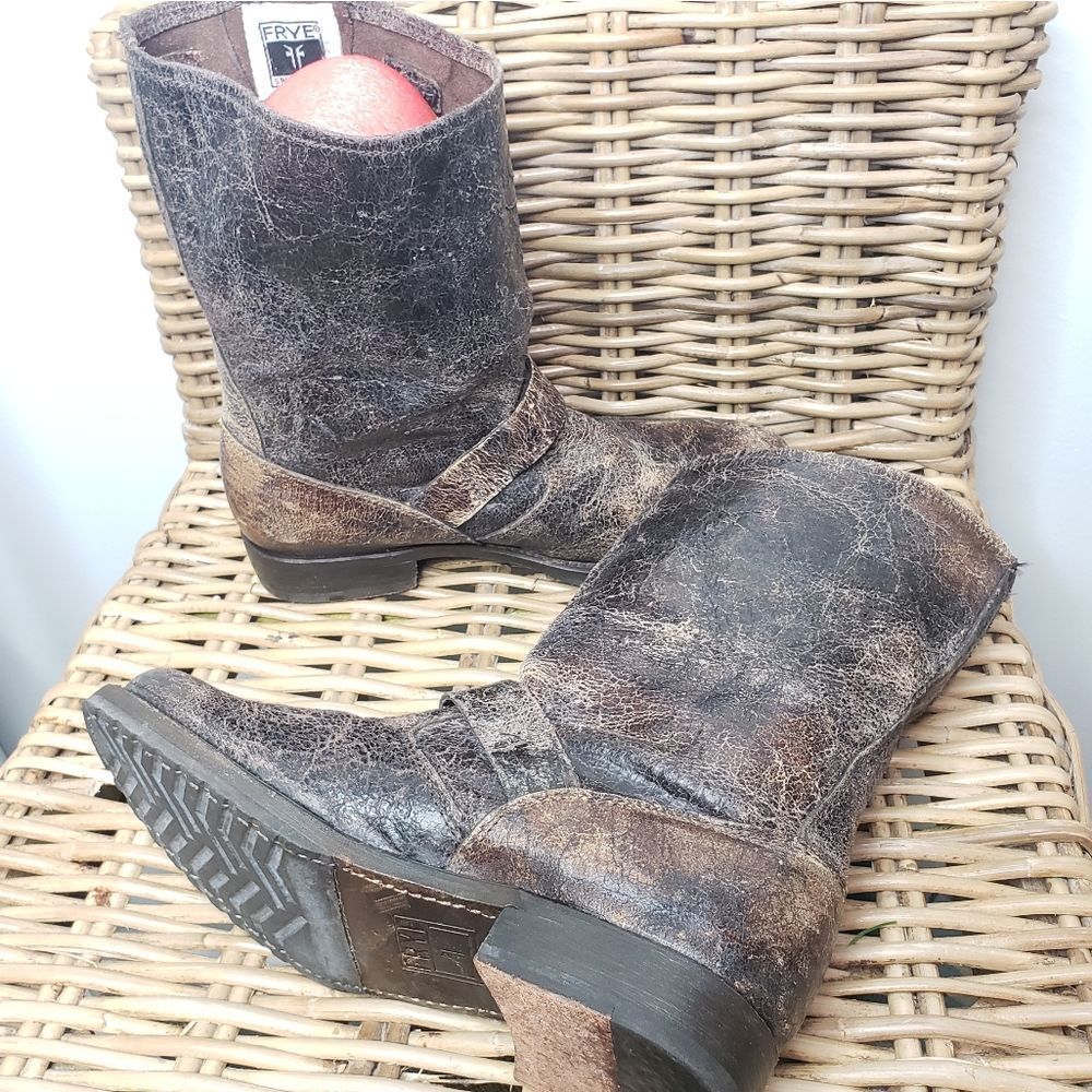 Frye Veronica Distressed Leathrer Boots Brown Size 7 - Picture 6 of 14